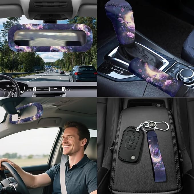 Butterfly Moon Car Accessories Full Set 18 Pieces Butterfly Flower Car Seat Covers Full Set Universal Car Seat Belt Pads Cover Car Headrest Covers Cup Coasters Keychain Car Trash Can