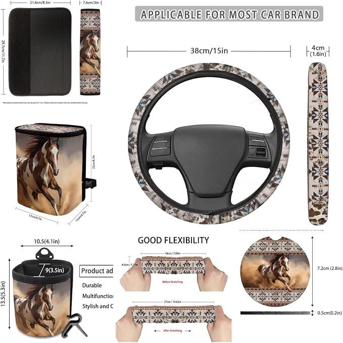 Dreaweet Native American Horse Seat Covers for Cars Full Set Southwestern Tribal Car Accessories Steering Wheel Cover Seat Belt Pads Coasters Trash Bag Air Vent Storage Bag Rearview Mirror Cover