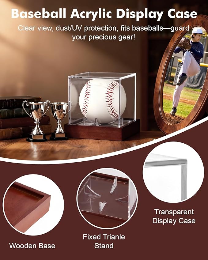 Fitense Clear Acrylic UV-Protected Sports Display Case with Solid Wood Base for Autographed Memorabilia, Baseball