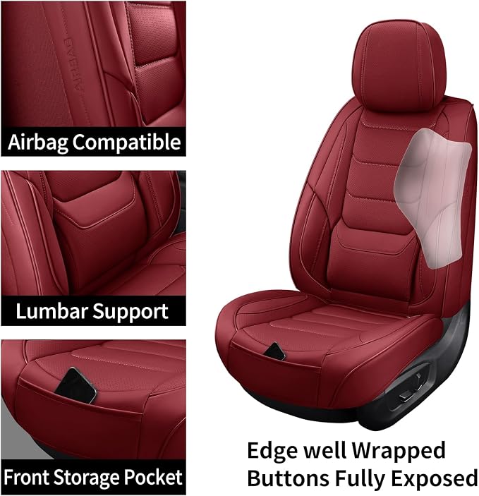 Red Leather Car Seat Covers Full Set Breathable Seat Protectors Waterproof Automotive Seat Covers Universal Fit for Most Cars SUVs Trucks Vehicles