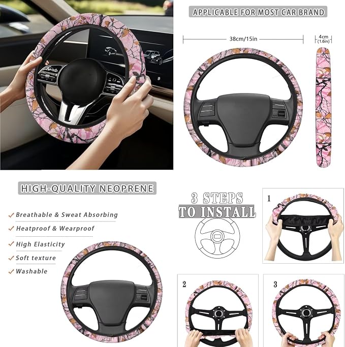 Pink Auto Interior Accessories Camo Leaves Car Seat Covers with Auto Steering Wheel Cover Seat Belt Covers Car Trash Can View Mirror Cover Coaster Keychains