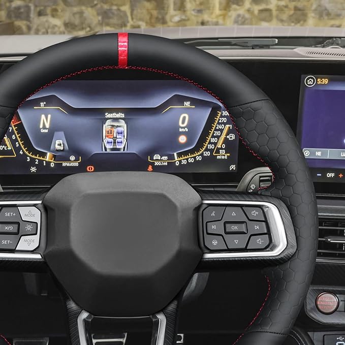 MEWANT Hand Stitch Black Smooth Hexagon Embossed Artificial Leather Steering Wheel Cover Wrap for Ford Mustang 2024