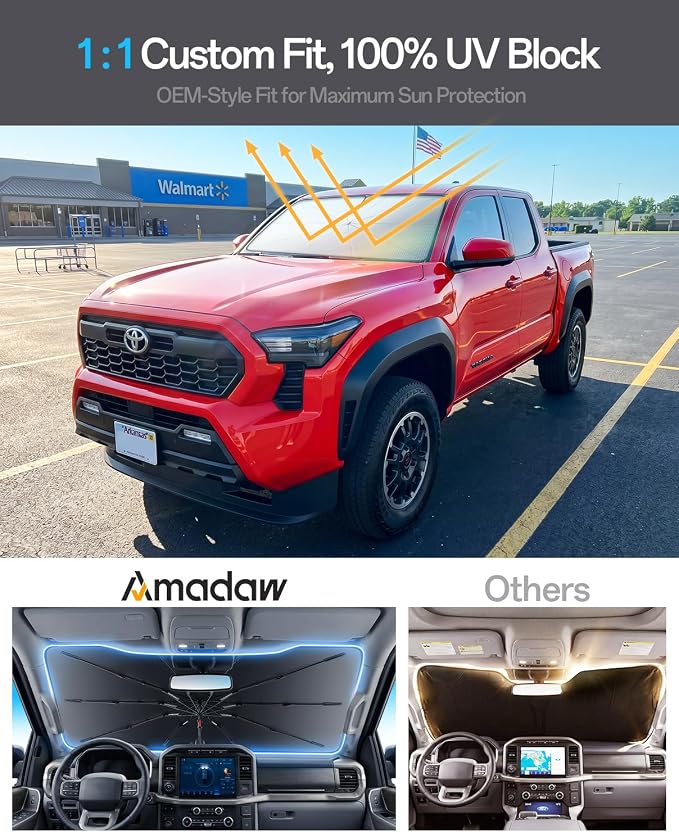 Windshield Sun Shade for Toyota Tacoma/4Runner 2000–2026, Foldable Umbrella Sunshade with 100% UV Block, Multi-Layer Heat Insulation, Reinforced 10-Rib Frame, Keeps Car Cooler