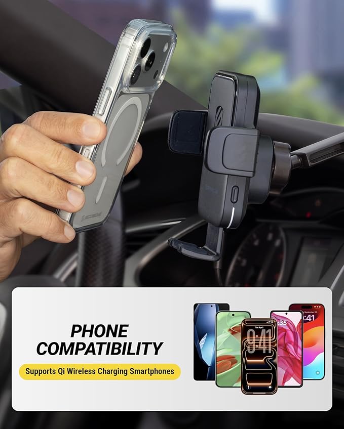 Scosche Wireless Car Charger Mount, Auto-Clamping Car Phone Holder Charger for Dashboard/Windshield with Adjustable Arm, 360° Rotation, Compatible with iPhone, Samsung, and More Android Phones