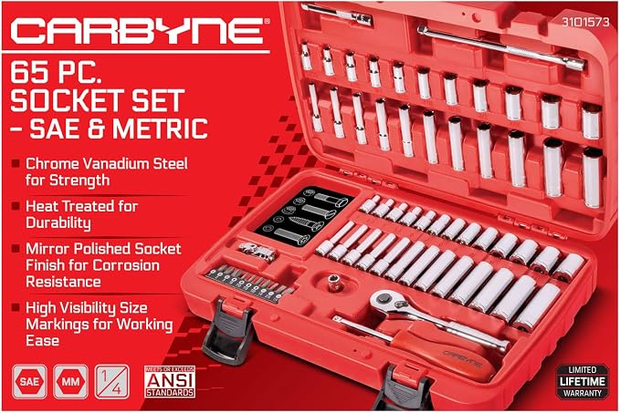 CARBYNE 65-Piece 1/4 in. Drive Socket and Ratchet Set, SAE and Metric, 6 Point, CrV Steel, 90-Tooth Ratchet, Deep and Standard Sockets, Storage Case