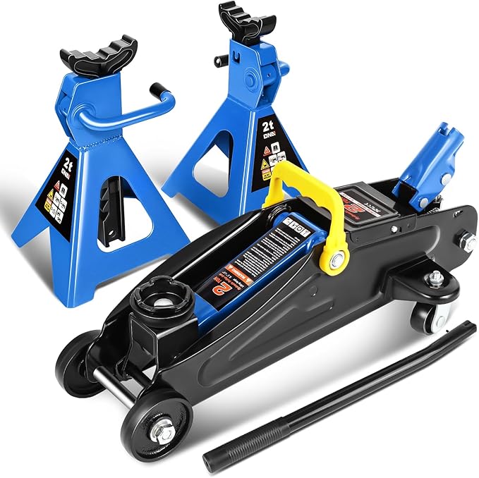 DNA Motoring 2 Ton Car Jack and Stands Kit 2T(4000 lbs) Capacity Low Profile Hydraulic Trolley Service/Floor Jack with 2 Ratchet Stands Combo for Home Garage Shop, Blue, TOOLS-00476