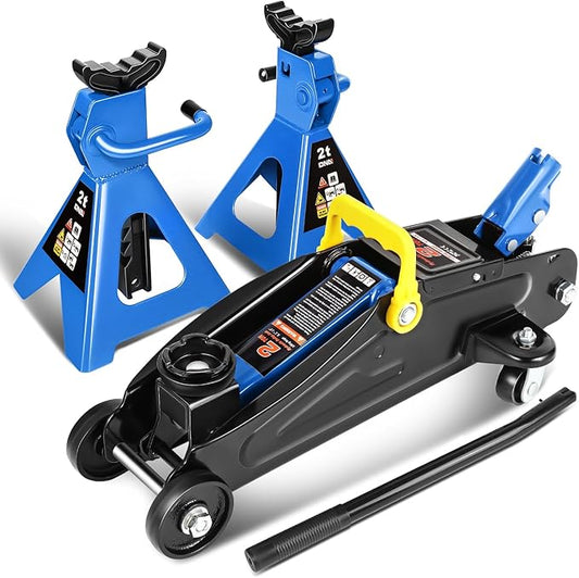 DNA Motoring 2 Ton Car Jack and Stands Kit 2T(4000 lbs) Capacity Low Profile Hydraulic Trolley Service/Floor Jack with 2 Ratchet Stands Combo for Home Garage Shop, Blue, TOOLS-00476