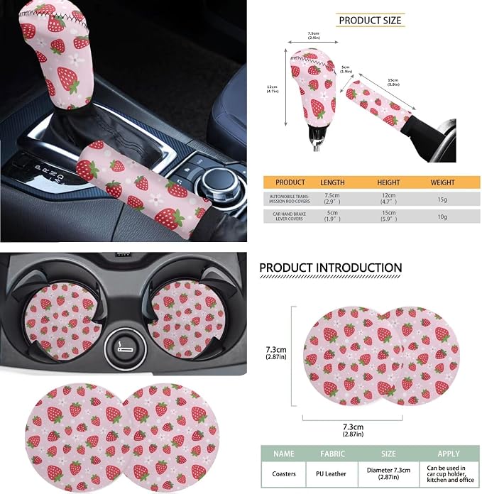 Strawberry Floral Print Car Seat Covers Set Includes Front Rear Seat Covers Headrest Protectors Steering Wheel Cover Seatbelt Pads Center Console Pad, 18Pcs Car Interior Decor