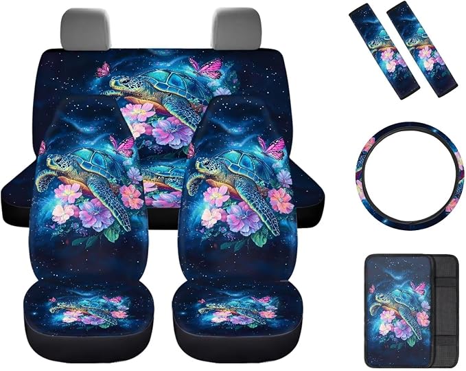 8 Pcs Sea Turtle Butterfly Car Interior Accessories Set for Women, Car Seat Covers Full Set with Auto Steering Wheel Cover, Auto Center Console Pad, Seat Belt Pads
