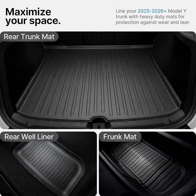 All Weather Cargo Liners for New 2025 2026 Tesla Model Y Juniper Trunk Mat with Front and Rear Frunk Trunk Tray Mats Protector Anti-Slip TPE Accessories (3PCS)