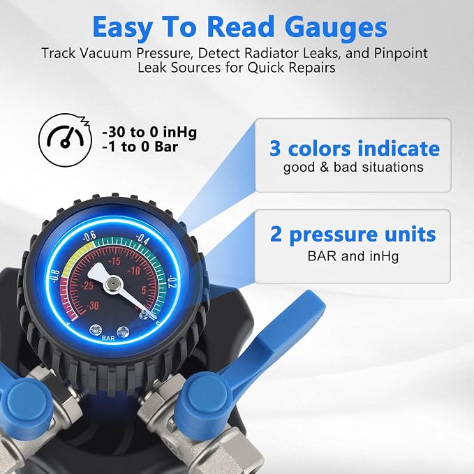 Coolant Vacuum Refill Kit with Gauge, Cooling System Vacuum Fill Tool with Leak Detector, 5 Round Adapters 1 Conical Adapter, Radiator Coolant Fill Kit with Dual-Movement Gauge for Vacuum Leak
