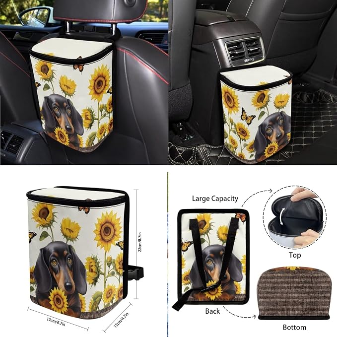 Dachshund Sunflower Butterfly Pattern Car Seat Covers Full Set Car Accessories Pack of 10 Steering Wheel Cover Cup Holder Car Trash Can Keychain Air Vent Pounch Bag Interior Covers for Auto