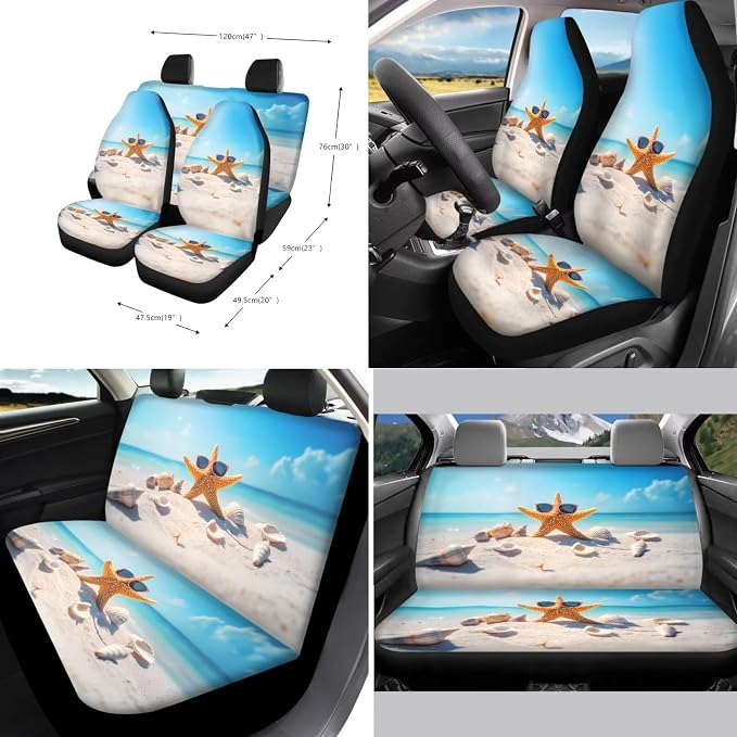 Suobstales Beach Starfish Seashell Conch Print Car Seat Covers Full Set for Women Girly Seat Cover Protector Auto Decorative with Steering Wheel Cover + Seat Belt Covers + Coasters + Keychains