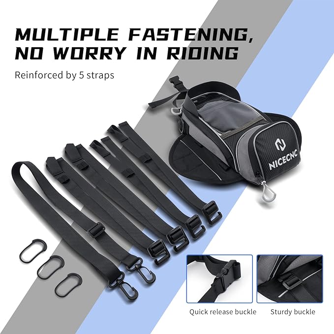 NICECNC Motorcycle Gas Tank Bag Magnetic, 6 Magnets & 5 Straps Reinforced, Detachable Anti-Slip Base Portable, Dirt Bike Tank Bag Storage Bag Muti-Functions for Men Women Cycling Hiking Camping