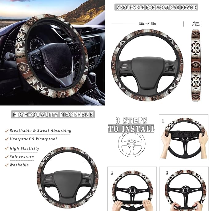 Wanyint Car Accessories Car Seat Cover Full Set Pack of 11, with Steering Wheel Gear Shift Knob Handbrake Headrest Cover Coasters Auto Decor, Southwest Aztec Dark Brown