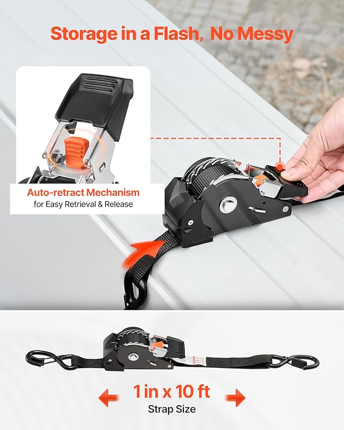 VEVOR Retractable Ratchet Straps, 1 in x 10 ft, Tie Down Straps with S Hooks, 1200 lbs Break Strength, 4 Soft Loops, Tie Down Ratcheting for Moving, Trailers, Motorcycles, Kayaks, Car Roof, 4 Pack