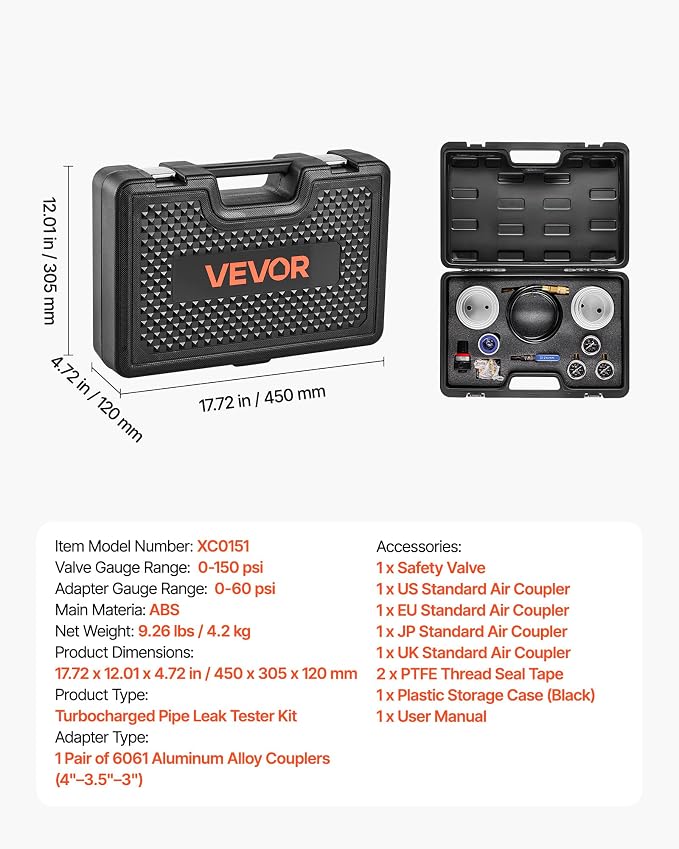 VEVOR Turbo Boost Leak Tester Kit, Compatible with 3"/3.5"/4" Pipe, 0-150 PSI Valve Gauge & 0-60 PSI Adapter Gauge, Turbo System Leakage Tester Set with 4 Pairs of Air Fittings for Diesel Trucks, SUVs