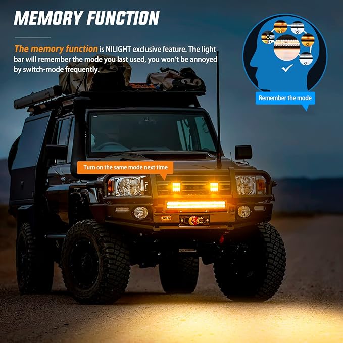 Nilight 22Inch 480W LED Light Bar 2PCS 4Inch 60W Light Pods Amber White Strobe 6 Modes Memory Function Reset Function Off Road Truck with 16AWG Wiring Harness Kit-3 Leads