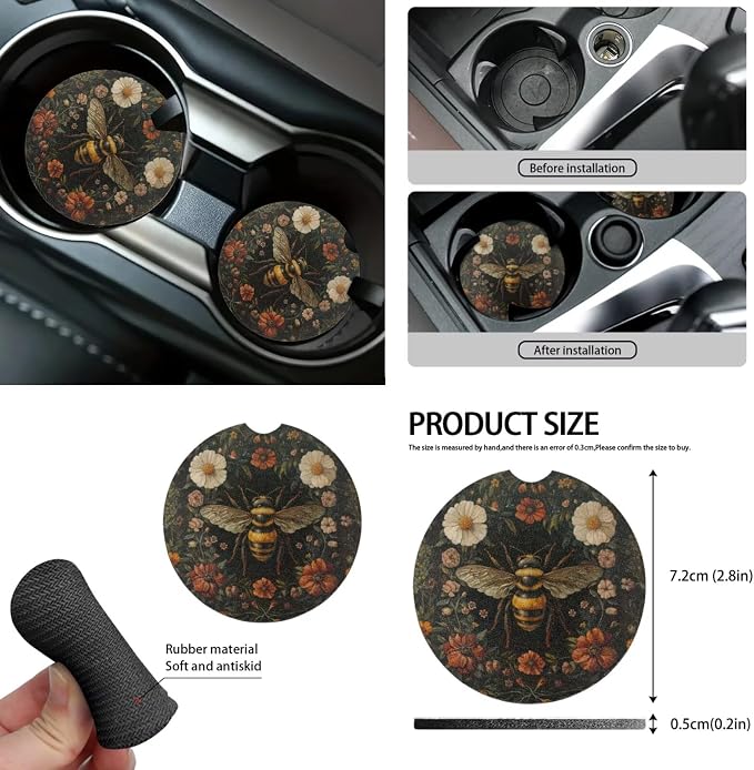 Floral Bee Seat Covers for Cars Full Set 15 Pcs Seat Covers Front and Back with Steering Wheel Cover Seatbelt Pad Coasters Trash Can Car Headrest Pillow Covers Armrest Pad