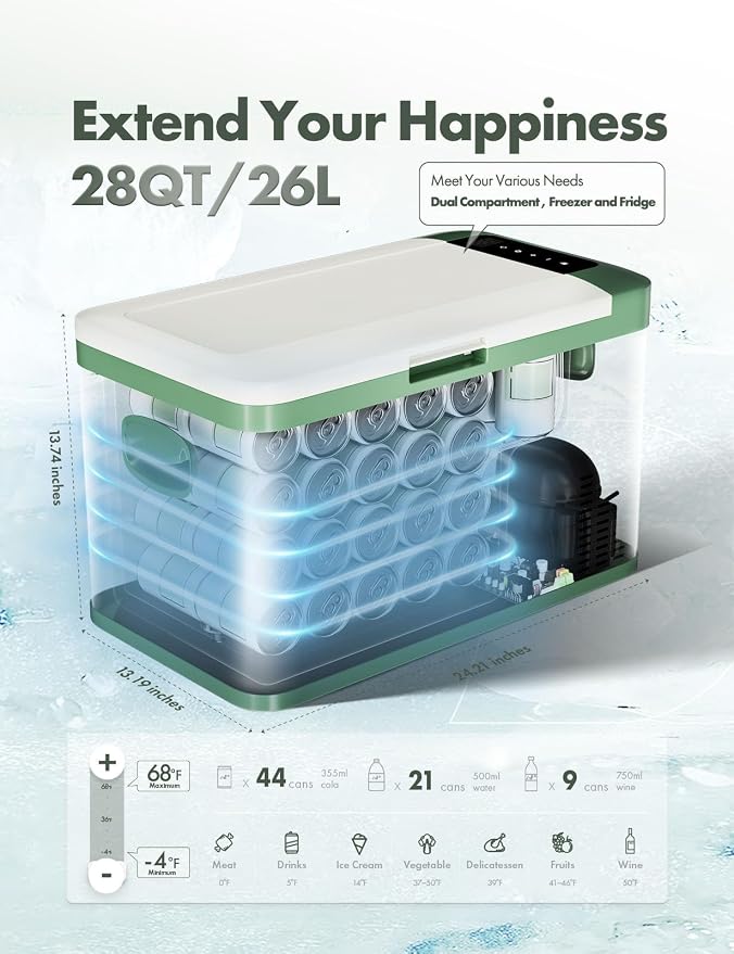 A-Premium 12 Volt Refrigerator 28QT/26.1L Portable Car Fridge Cooler | -4°F~68°F Portable Freezer Fast Cooling with 12/24V DC & 110/240V AC for Camping RV Roadtrips Truck Outdoor and Home Party