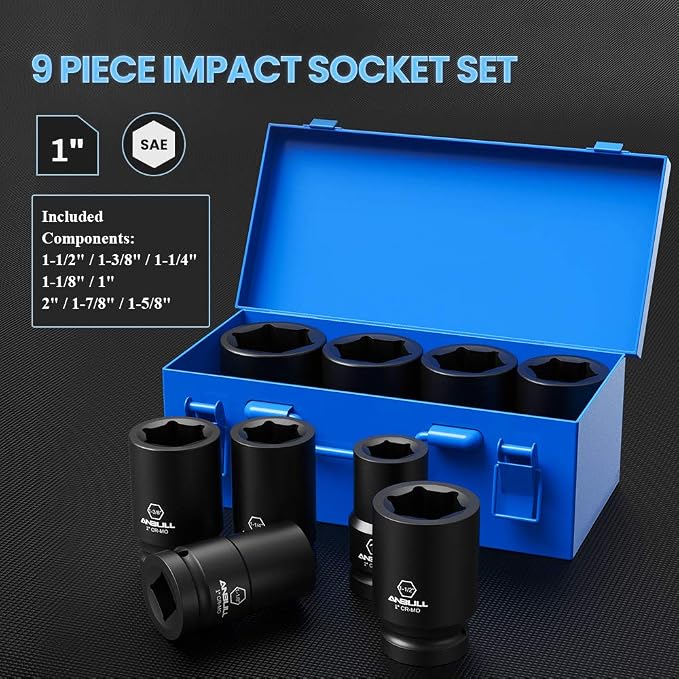 Anbull 1 Inch Drive Deep Impact Socket Set, 9 Pieces Jumbo Impact Socket Sets, 6-Point, SAE Sizes (1'', 1-1/8'', 1-1/14'', 1-3/8'', 1-1/2'', 1-5/8'', 1-3/4'', 1-7/8'', 2''), CR-Mo Steel (1 Inch-SAE)