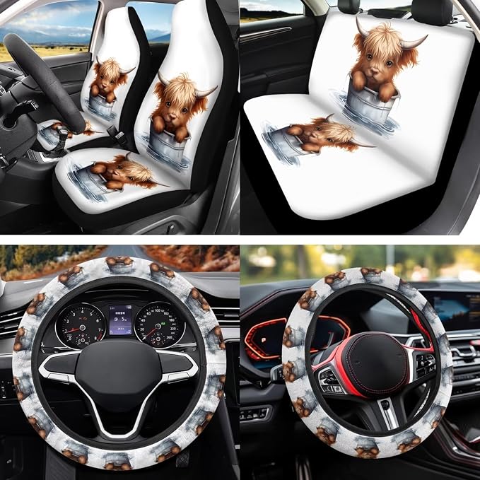 Highland Cow 12 Pcs Car Seat Covers Full Set with Auto Steering Wheel Cover Armrest Cushion Protector Seat Belt Covers Automotive Interior Sets Universal Fit for Cars SUV