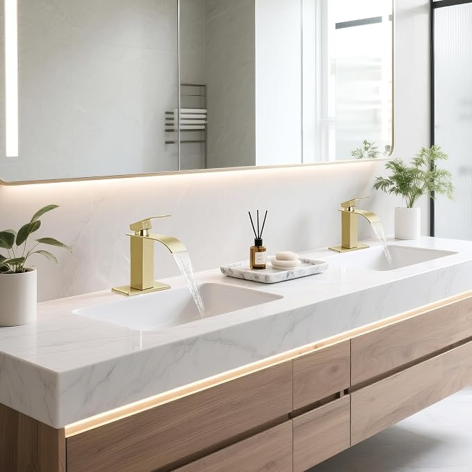 Brushed Gold Bathroom Faucets, Waterfall Bathroom Sink Faucet Modern Single Handle Bathroom Faucte 1 or 3 Hole, RV Mixer Tap Vanity Faucet - Includes Pop-up Drain Supply Hoses Deck Plate
