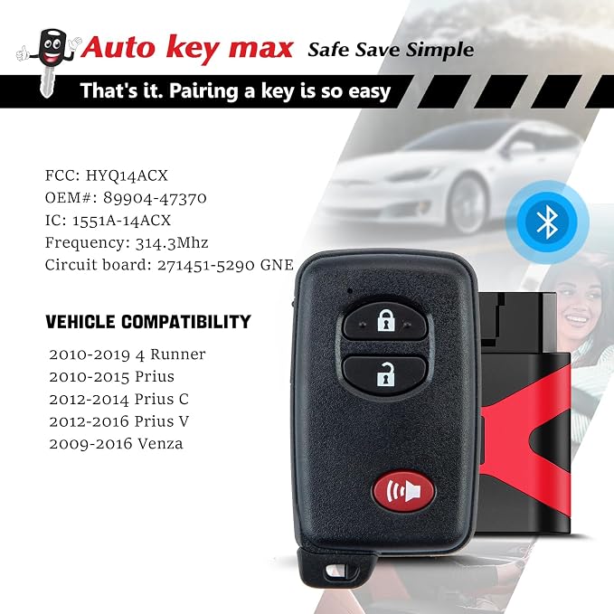Programmable Keyfob, Replacement Car Keys Fob and DIY Programmer Kit for 2010-2015 Toyota Prius Venza 4Runner Smart Remote HYQ14ACX 271451-5290