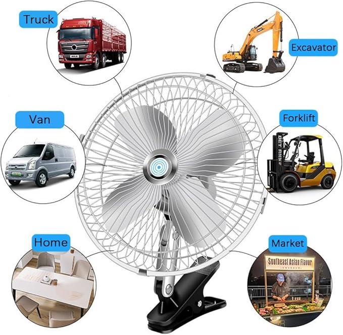 CYDZSW Car 12v Clip Fan,12 Volt DC 8 inch Large 360° Adjustment Metal Fans with Cigarette Lighter,90° Rotation Oscillating Clamp on Cooling Fan for Golf Cart,RV and Vehicles (8inch)