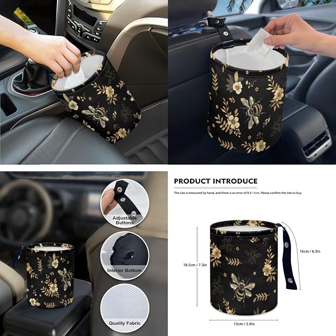 Floral Bee Auto Interior Accessories Car Seat Covers with Auto Steering Wheel Cover Seat Belt Covers Car Trash Can View Mirror Cover Coaster Keychains