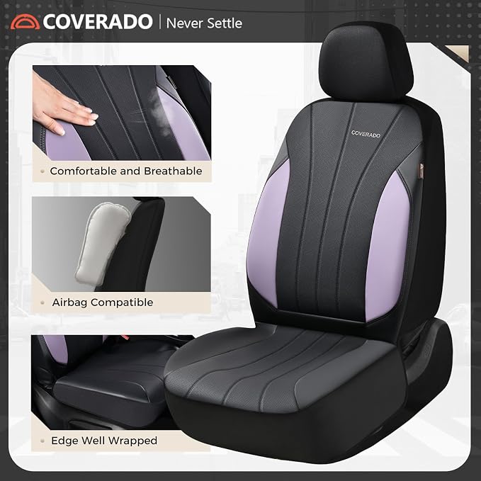 Coverado Car Seat Covers Front Seats, Automotive Seat Covers 2 Pack, Leather Car Seat Covers, Spill-Proof Design, Purple Seat Covers for SUV Sedan Truck