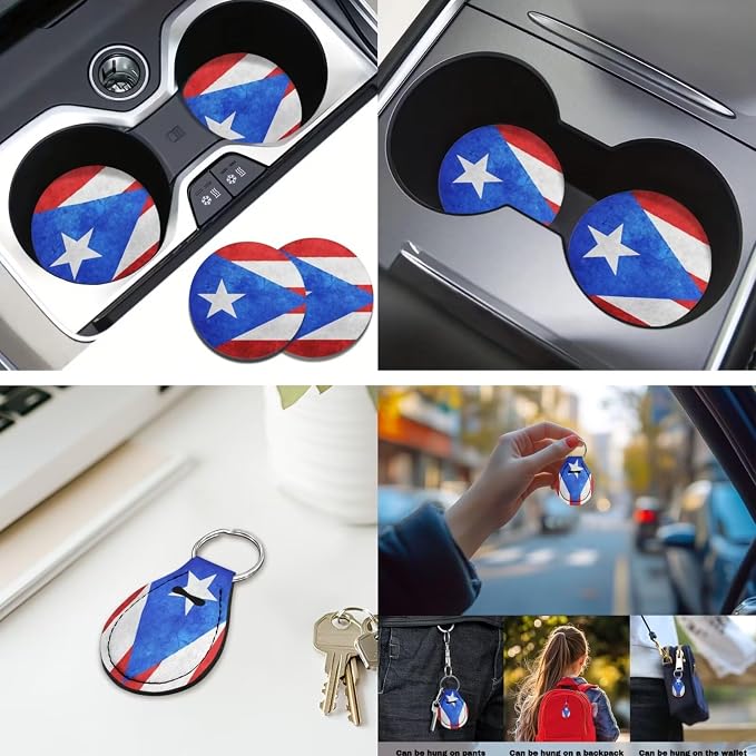 Puerto Rico 12Pcs Car Seat Covers Full Set Car Seat Belt Cover Steering Wheel Cover Armrest Cushion Cup Coasters and Keychain Holder Suitable for Most Cars,SUV