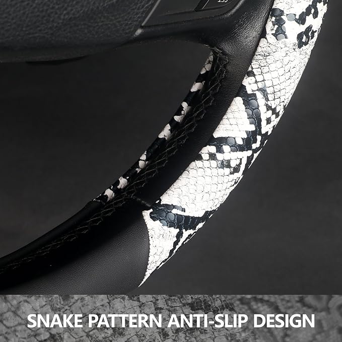 ZHOL Snake Skin Steering Wheel Cover, Universal 14.5-15 inch Breathable Microfiber Leather Anti-Slip Car Steering Wheel Protector for Women Men, Black&White