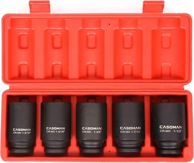 CASOMAN 1/2-Inch Drive Deep Spindle Axle Nut Impact Socket Set, 1/2" Drive Deep Impact Socket Set, Inch, Cr-Mo, 6-Point, 1-3/16-Inch - 1-1/2-Inch, 5 Piece Axle Socket Set