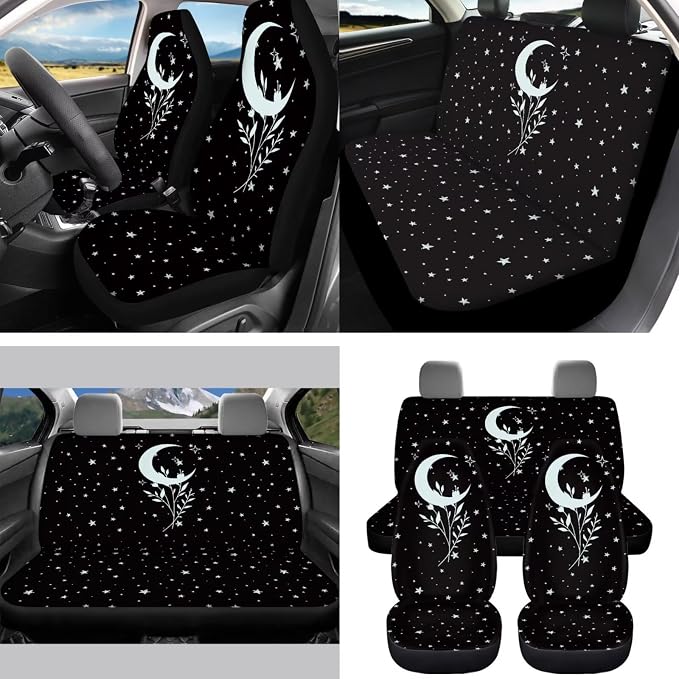 Moon Leaves Car Seat Covers Full Set for Women Cute Car Accessories Interior Car Steering Wheel Cover Seatbelt Covers Trash Bin Rear View Mirror Cover Cup Holders Keychain