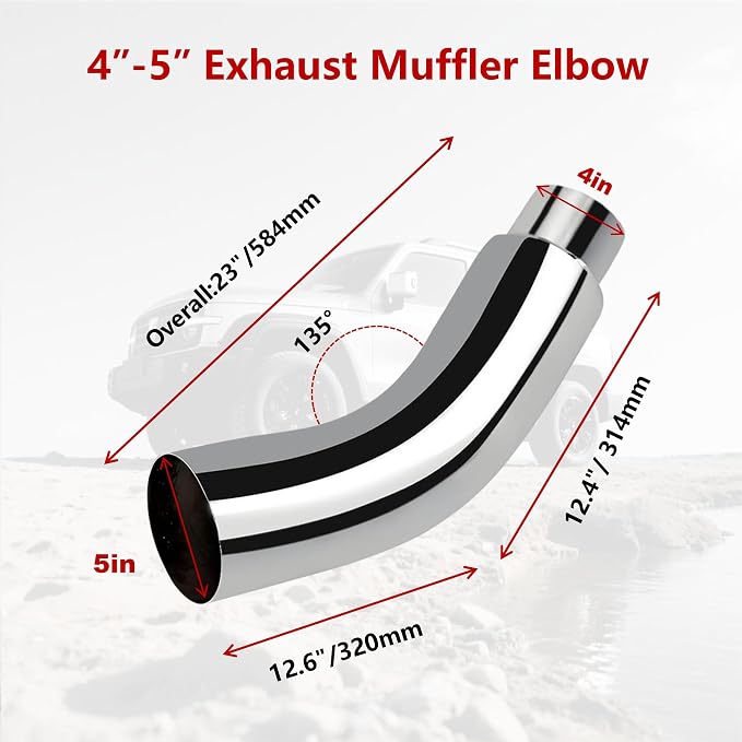 Universal 4" to 5" Exhaust Elbow Pipe with Steel Clamp - Silver Chrome or Black Painted for Car, Truck & Diesel