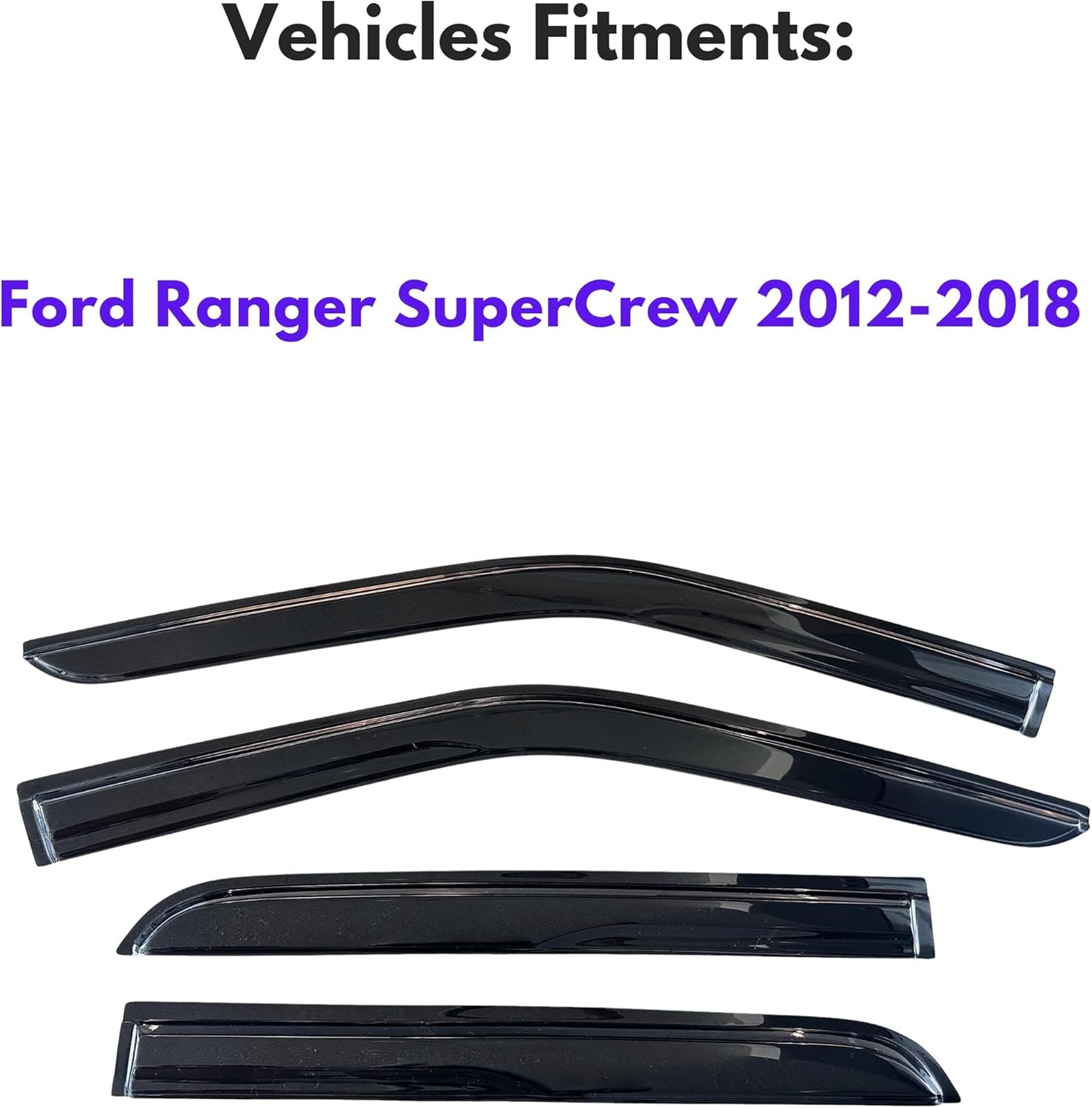KPY Window Visor Compatible with Ford Ranger SuperCrew 2012-2018, 4PC Rain Guard Side Window Vent Deflectors Tape-On Mugen Style, 2012 2013 2014 2015 2016 2017 2018