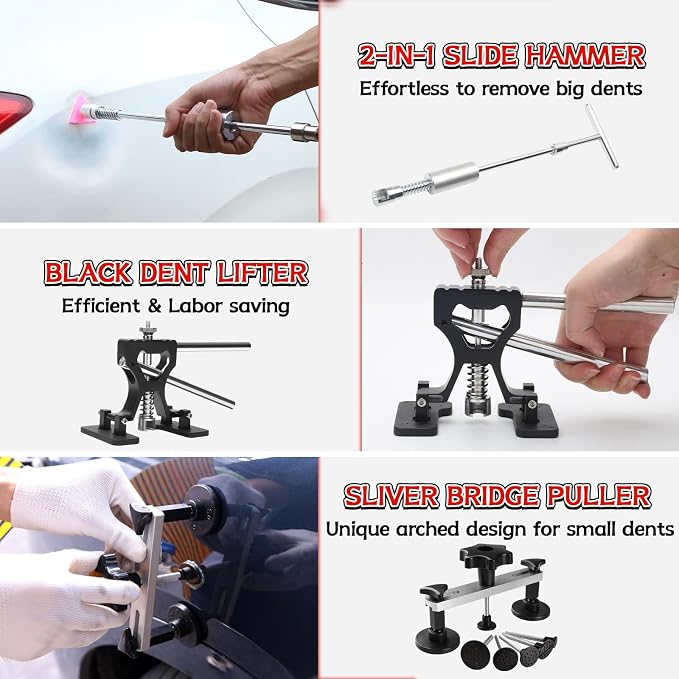 Dent Puller Kit for Car Dent Repair with Dent Reflect Line Board, Lightweight Dent Lifter, Rubber Hammer & Trim Removal Tools Set, Paintless Dent Removal for Auto Body Hail Damge Door Dings