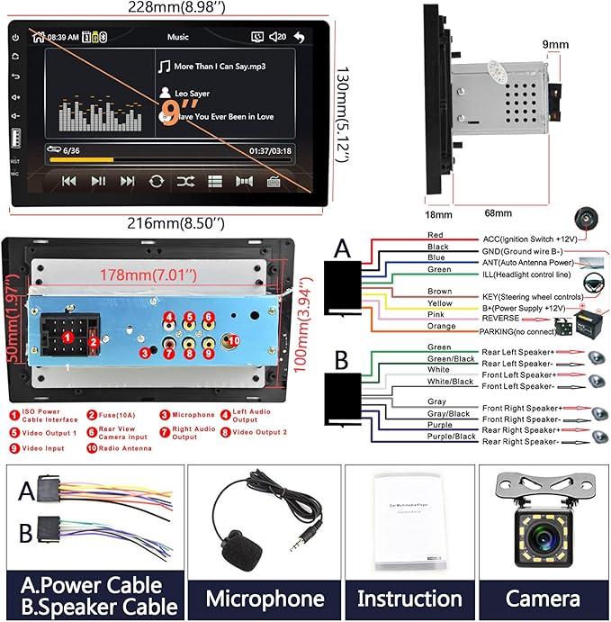 Podofo Single Din Car Stereo with Carplay Android Auto,9inch 1024x600 HD IPS Touchscreen Bluetooth FM/AM Radio Mirror Link SWC,Car Audio Receivers,HD Backup Camera/External Mic/USB
