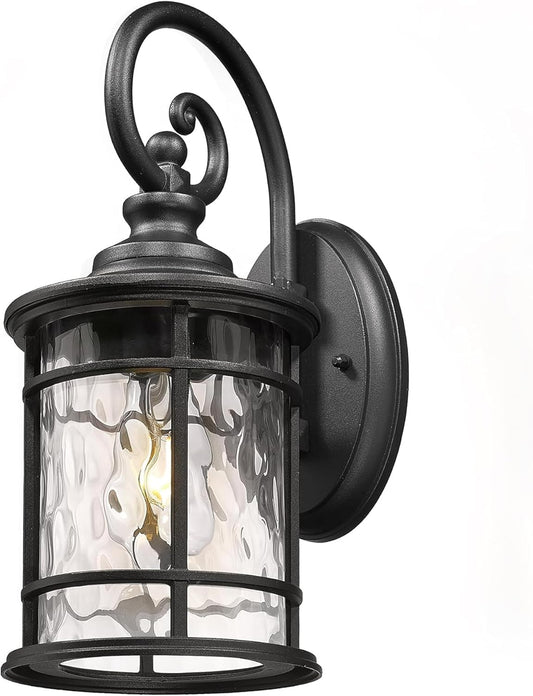 Emliviar Farmhouse Outdoor Light Fixture, 15.5" Exterior Lighting Fixtures with Water Ripple Glass, Die-Casting Aluminum in Black Finish, XE229B-WG BK