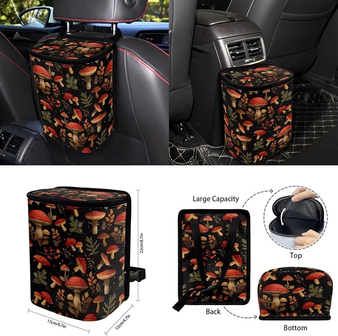 Mushroom Car Seat Covers Set of 15 with Universal Steering Wheel Cover, Rearview Mirror Cover, Car Trash Can, Seatbelt Pads, Cup Holder Coasters, Keychains