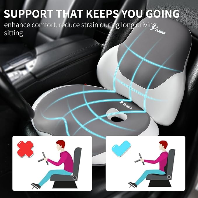 FLORICH Seat Cushion and Lumbar Support Pillow for Office Chair Car Neck Headrest Pillow Memory Foam Seat Pads Pressure Relief Back Cushion and Carseat Pads(Dark Grey)