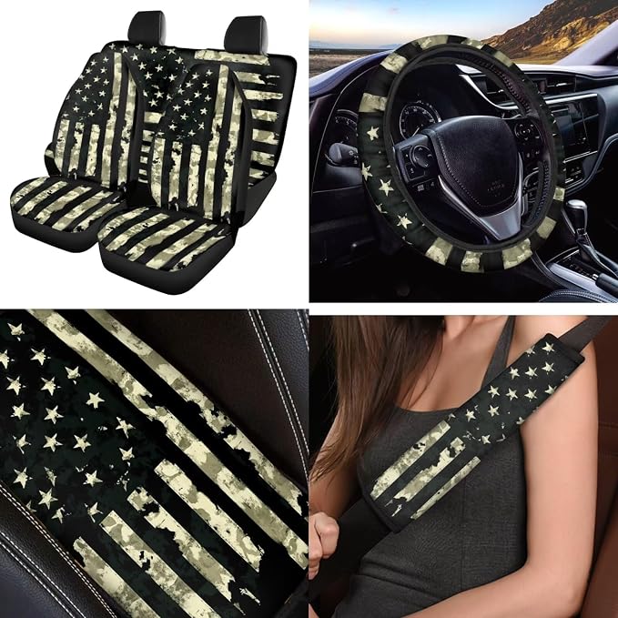 Camouflage Flag Car Seat Covers Full Set 12 Pack with Steering Wheel Cover,Seat Belt Covers Cup Holder with Keychain,Novelty Automotive Protector Set Unverisal Fit Cars SUV