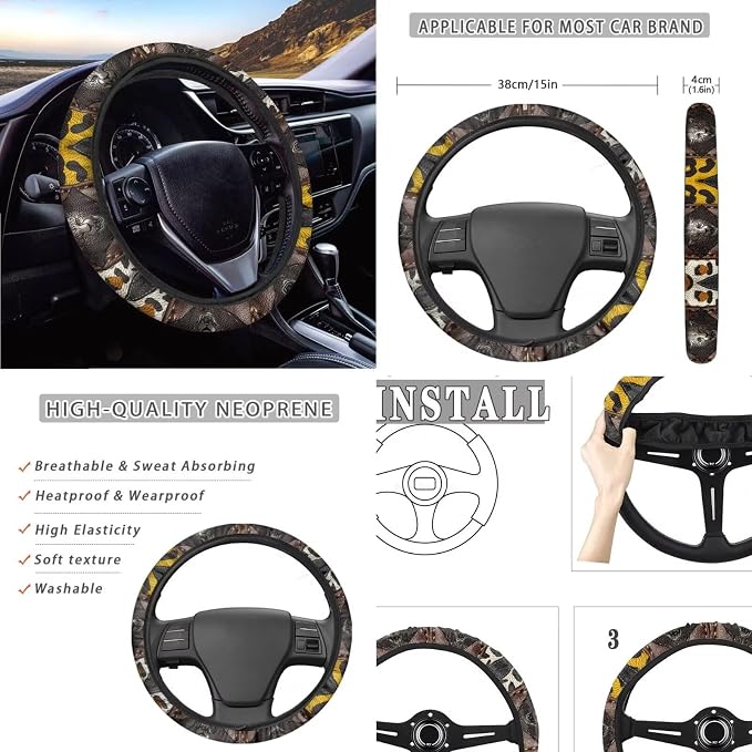 Leopard Print Auto Seat Covers Non Slip Steering Wheel Cover Seatbelt Pads Universal Fit for Cars Trucks SUVs Breathable Car Seat Cover Full Set, Brown