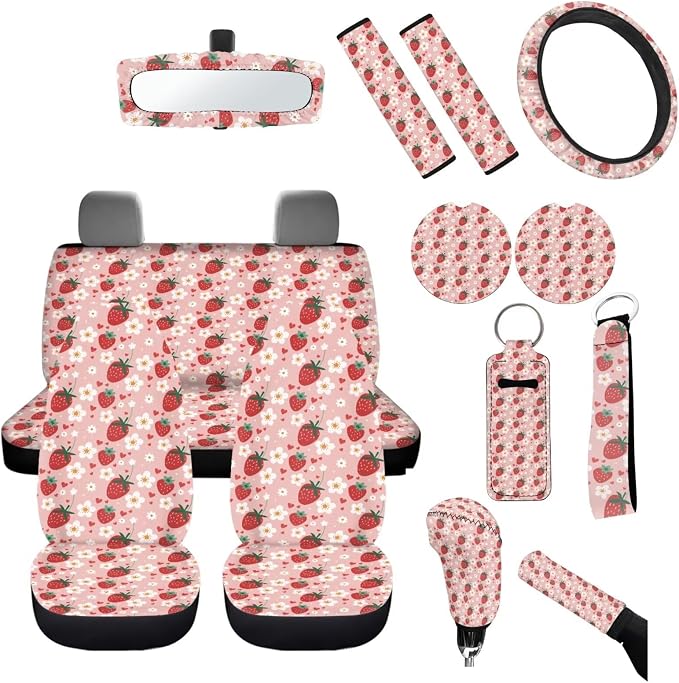 Strawberry Car Accessory for Women,Pink Strawberry Car Seat Cover with Daisy Flower,Universal Fit Cute Steering Wheel/Seatbelt/Keychain/Gear Shift Knob Handbreak Cover/Mirror Cover Set of 14