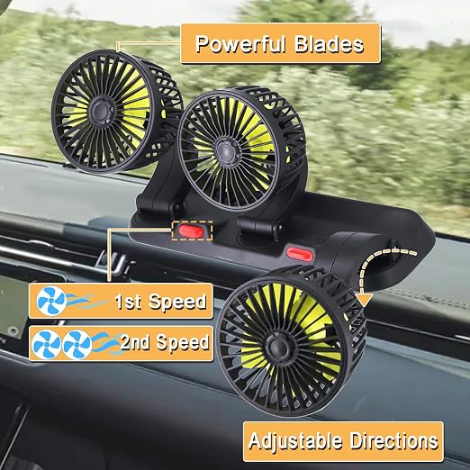 Triple-Head Fan for Car, Portable Car Fans for Vehicles Cars RV Vent with 360°Rotation Cigarette Lighter Plug