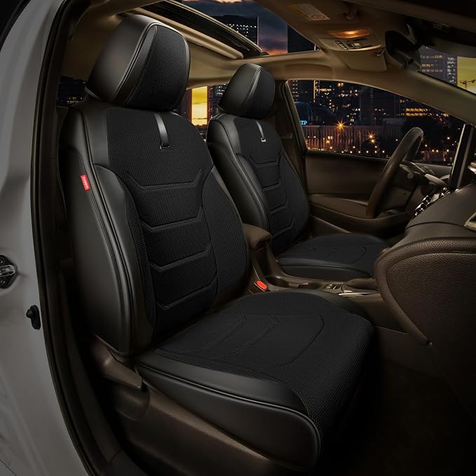 Sport Series Leatherette Front Row Set Seat Covers Universal for Cars Trucks SUV, Black, CA-SC-Sport-F-BK