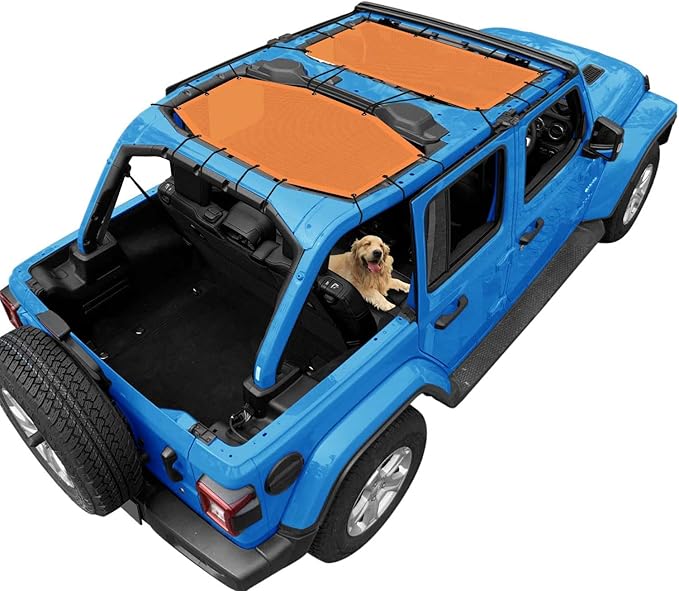 JL Top Sun Shade Roof Compatible with Jeep Wrangler 2 or 4 Door 2018 to 2023 Sunshade Sunroof Blocks UV Wind Noise Orange Mesh for Front and Rear 2 pcs