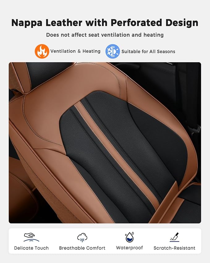 Huidasource Car Seat Covers Full Set, Luxury Faux Leather Seat Covers, Velcro Adjustable, with Airbags, Thinning Design Perforation Cooling＆Heating, Fit for Most Cars, Vans, Trucks, SUVs, Brown&Black