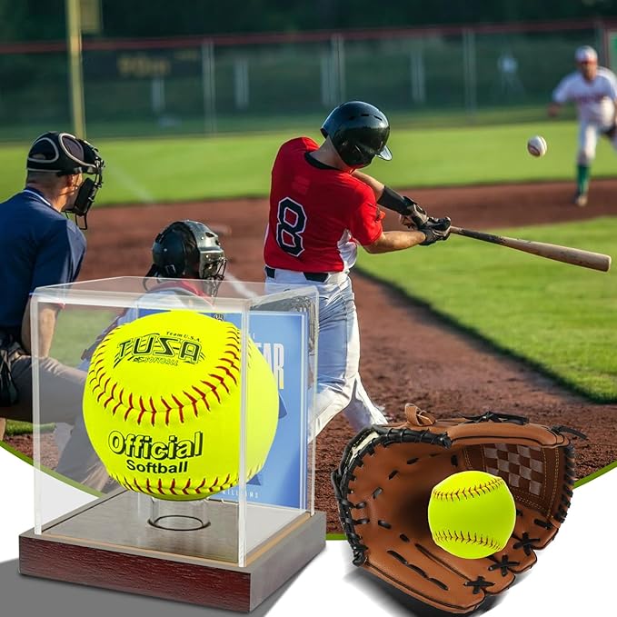 Softball Display Case Clear Soft Ball Holder for Display,UV Protected Cube with Wooden Base,Softball Display Case for 12 Inch Ball or 11 inch Ball Sports Ball Storage Collections (4×4×4.8 inches)